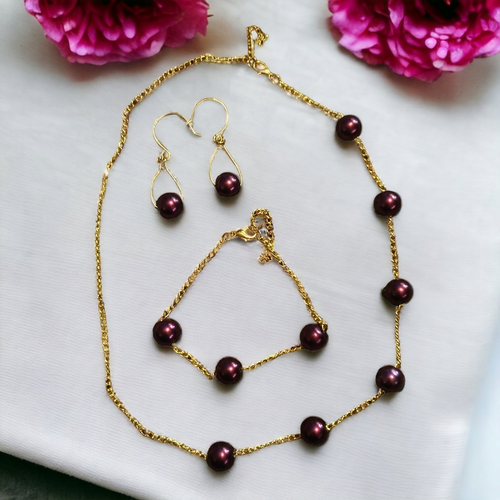 Gold-Tone Necklace, Bracelet & Earrings Set with Deep Plum Pearl Beads
